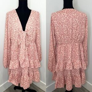 Floral Long Sleeve Mauve Deep V-Neck Cinched Waist Skater Dress